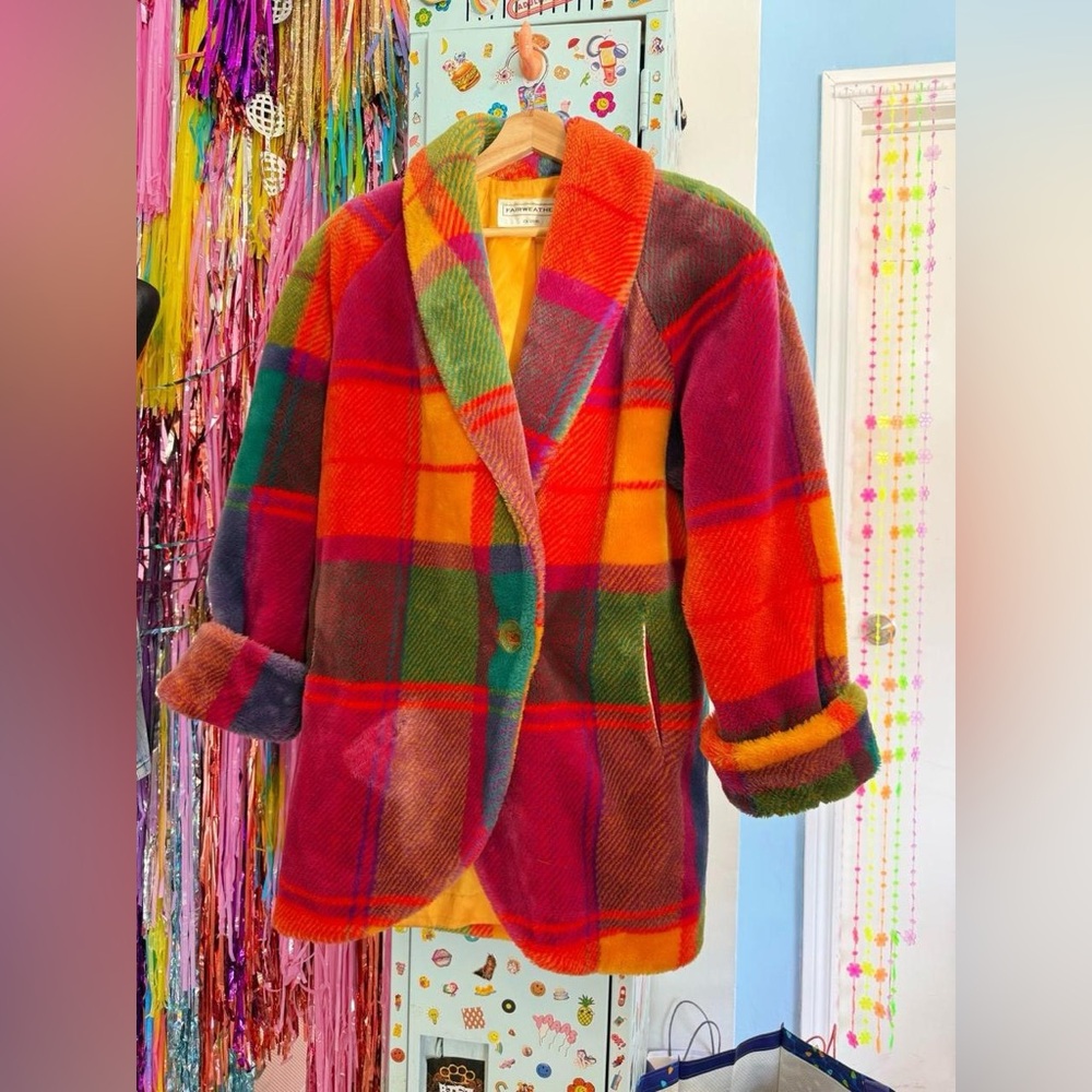 Vintage 80s 90s Bright rainbow plaid faux fur jacket - Picture 1 of 8